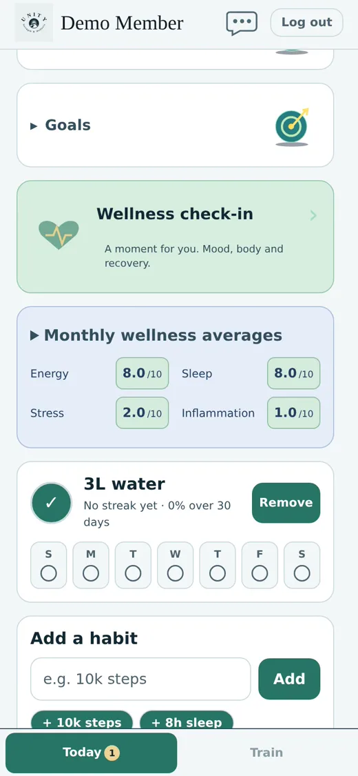 Today view in the Unity, Strength & Wellness app: bookings, food, goals and wellness check-in