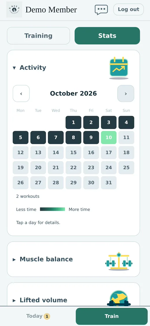 Stats view in the app: your activity calendar and progress