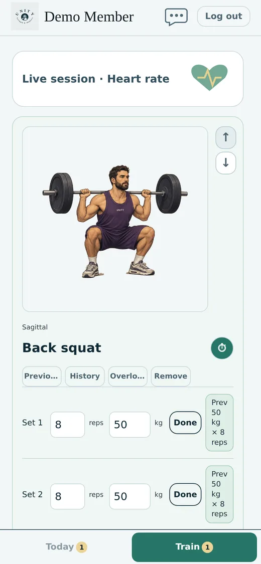 Training view in the app: a workout opened with its exercises